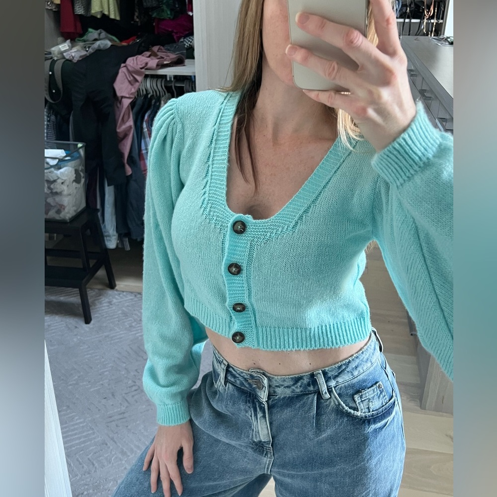 SOLD - Turquoise cropped cardigan with bell sleeves.